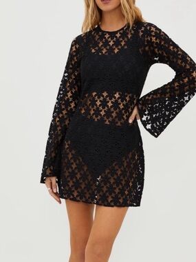 BEACH RIOT Goldie Black Crochet/Lace Floral Sheer Swim Coverup - Medium